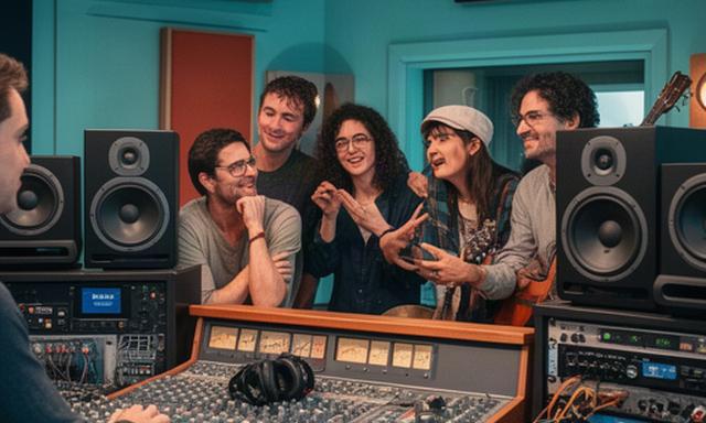 Tecnici e musicisti al lavoro nella regia di uno studio veneziano con console e monitor audio